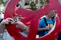 peace sign, united for peace & justice march, 7th avenue, nyc, august 2004