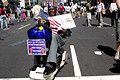 veteran in a wheel chair protesting against the war, the republicans and bush, united for peace & justice march, madsion square garden, nyc, august 2004