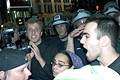 police clearing corner of protesters, media, onlookers, herald square, nyc, august 2004